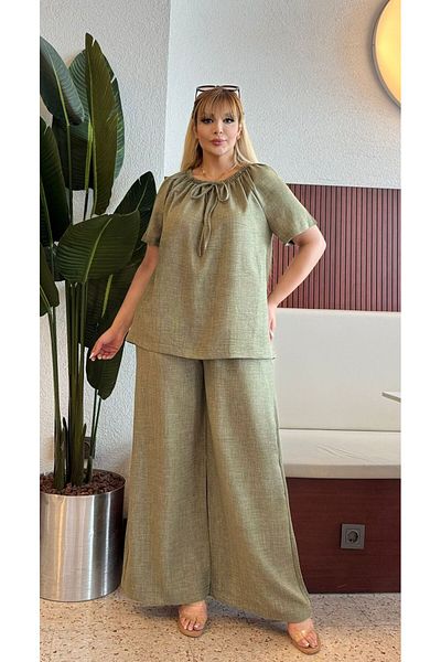 Butik Nilyam Women's Plus Size Sofia Linen Rubber Neckline Blouse Waist Elastic Pocket Loose Bottom Tracksuit Set 24782