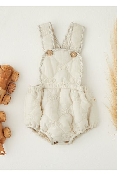 Patique Kids Cream Wooden Buttoned Organic Vegan Cotton Baby Quilted Unisex Baby Salopet