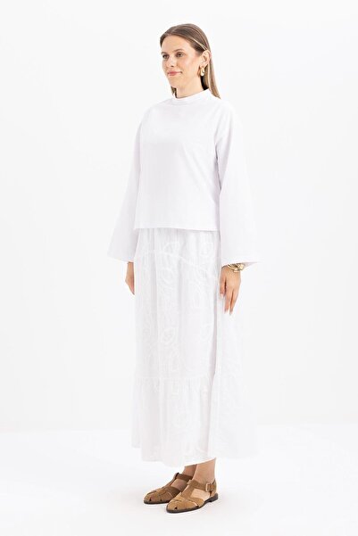 ALLDAY White-Elastic Bell Skirt with Embroidery