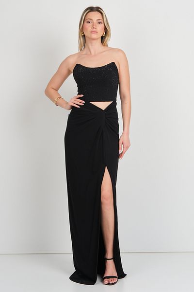 DORİDORCA Doridorca Women's Top Stone Bustier Skirt Draped Fish Form Evening Dress 7016 Black