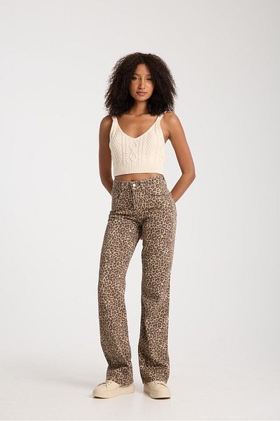 Store 100% Cotton Summer High Waist Leopard Pattern Casual Denim Pants