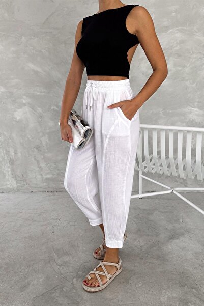 İstangül Butik Cotton Muslin Fabric Balloon Trousers with Leg Cuffs