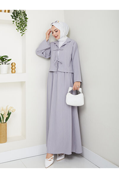exxitcollection Women's Hijab Seersucker Fabric Gray Crop Tie Stylish Modern Skirted Double Kimono Set