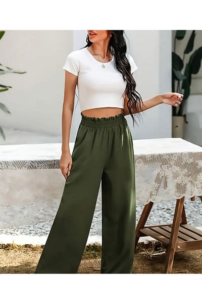 ayrobin Aerobin Fabric Wide Leg Women's Trousers with Elastic Waist