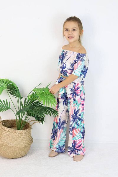 Yalçınoğlu Kids Girl's Colorful Patterned Suit I Madonna Collar Patterned Spanish Leg I Blouse and Pants Combination