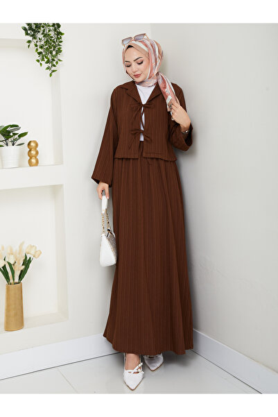 exxitcollection Γυναικείο Hijab Seersucker Ύφασμα Καφέ Crop Tie-Up Κομψό Μοντέρνο Σετ Κιμονό Διπλό με Φούστα