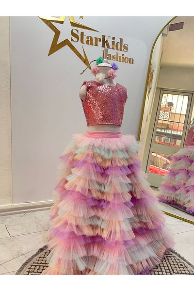 Star Kids Set de fuste crop cu paiete roz pentru fete, rochie de seară pentru fete, ziua de naștere tematică sirenă și unicorn