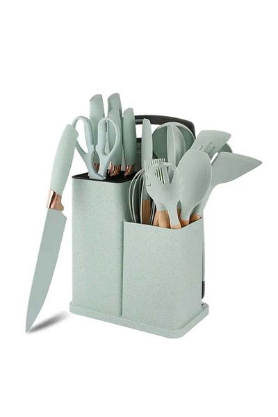huitich 19-Piece Green Silicone Kitchen Utensil Set with Knife, Cutting Board, and Kitchen Gadgets
