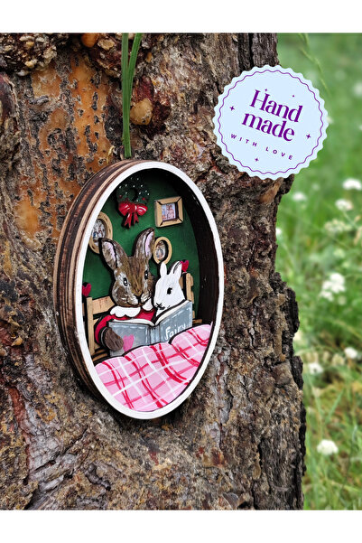 Mia Creative Art El Yapımı 3D Ahşap Tavşan Anne Yavru Tablosu – El Boyama Dek...