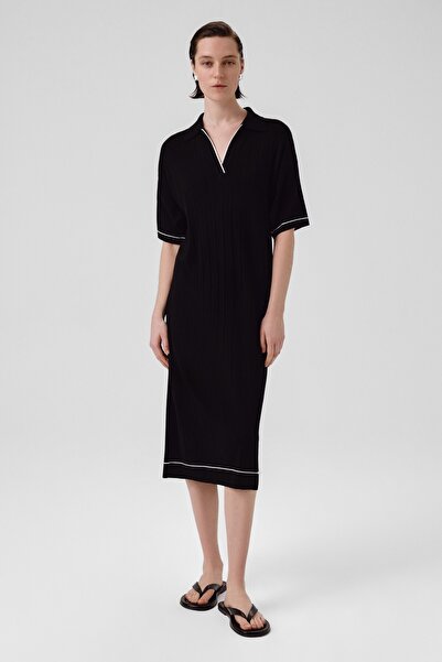 Triko Mısırlı Lacivert Gömlek Yaka Nervürlü Elbise