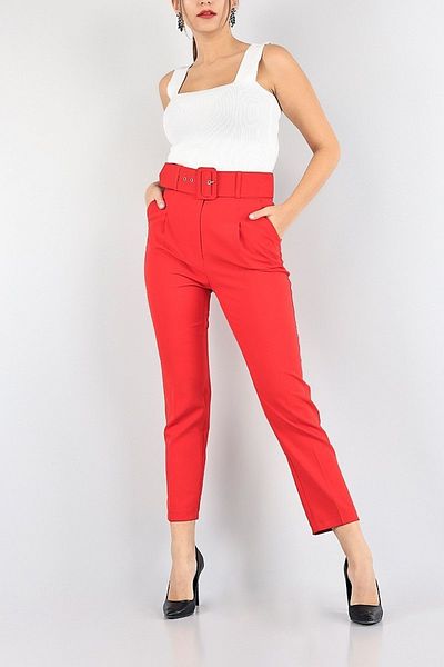 KAŞİHA Red Belted Double Fabric Carrot Model Atlas Trousers