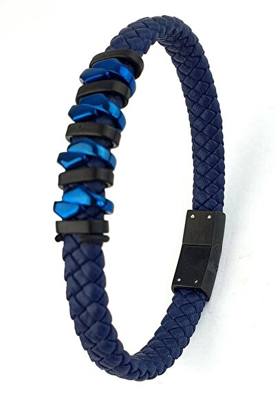 OSESHOP 316L Steel Detailed Navy Blue Leather Men's Bracelet with Blue and Bl...