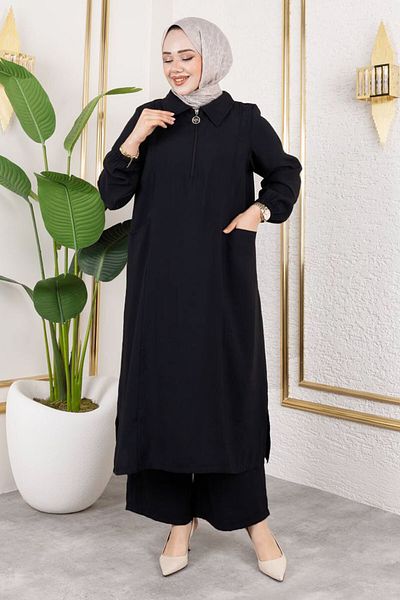 Tesettür Dünyası Double Pocket Zippered Double Suit Tsd250195 Black
