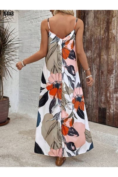 Modayakamoz Women's Long Dress with Drawstring Straps - Wide V-Neck Floral Pattern Single Jersey Fabric