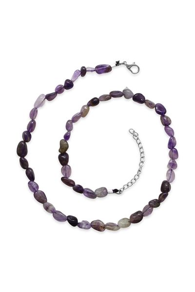 Tesbihane Silver Color Metal Chain Amorphous Amethyst Natural Stone Women's Necklace
