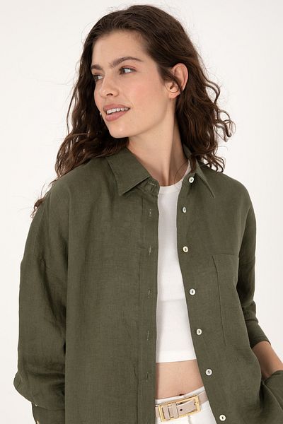 U.S. Polo Assn. Women's Dark Khaki Linen Long Sleeve Shirt 50299794-Vr111
