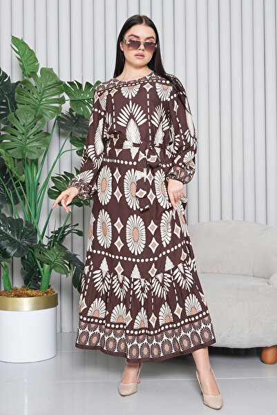 EL jadida Γυναικείο Μακρύ Φόρεμα Βισκόζης Μακρύ Καφέ