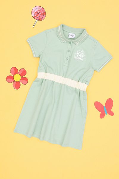 U.S. Polo Assn. Girls Aqua Green Polo Neck Short Sleeve A-Line Knitted Dress 50306260-Vr048