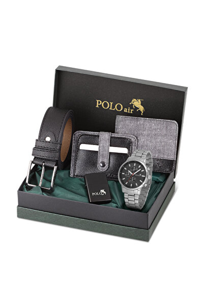 Polo Air Klasik Erkek Kol Saati Cüzdan Kemer Kartlık Çakmak Set Kombin Gümüş Siyah Gri Renk PL-0998E3