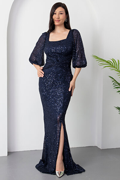 PULLIMM Kare Yaka Önü Bağalamalı Yırtmaçlı Elbise AP-3020