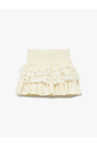 Koton Layered Flounced Viscose Skirt with Lace Detail