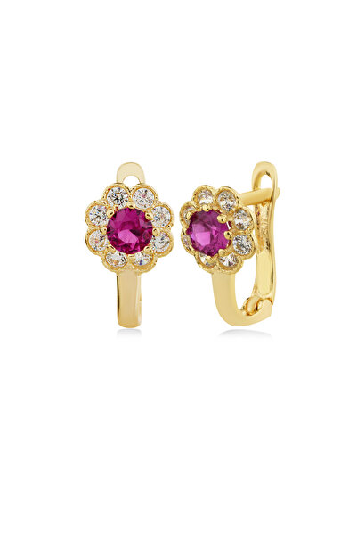 Side Gold Kuyumculuk 8 Ayar Sarı Altın Pembe Taşlı Çocuk Küpe