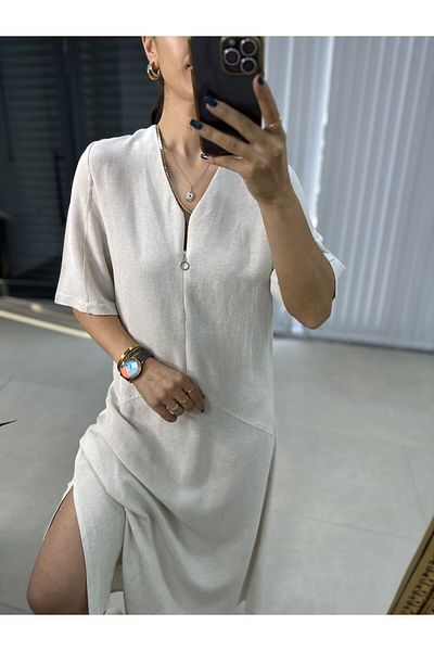 caddstore Ms V Neck Φόρεμα με φερμουάρ από βαμβακερό λινό πέτρα