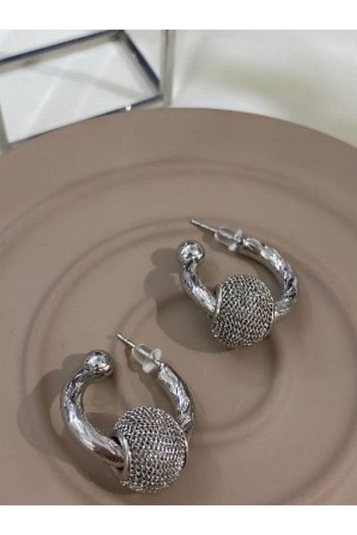 Eyelashes Silver Lattice Ball Pierced Ring Steel Earrings