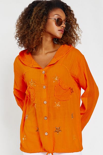 Hopoi Women's Washable Star Embroidered Mesh Garnished Hooded Jacket