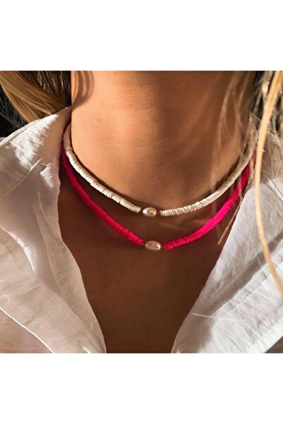Mojo Jewellery Yazlık Fimo Boncuklu 2’li Kolye Seti / Pembe & Beyaz