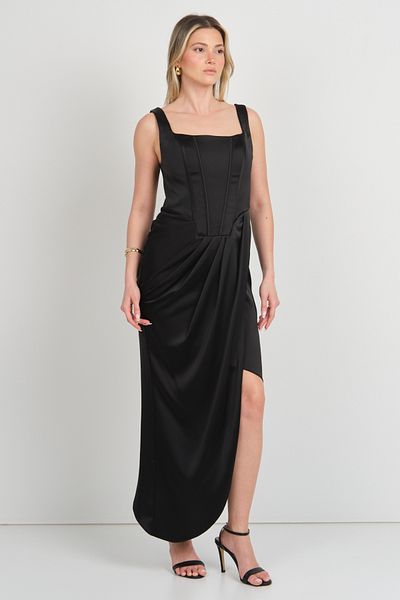 DORİDORCA Doridorca Women's Square Neckline Bodice Skirt Asymmetrical Evening Dress 7071 Black