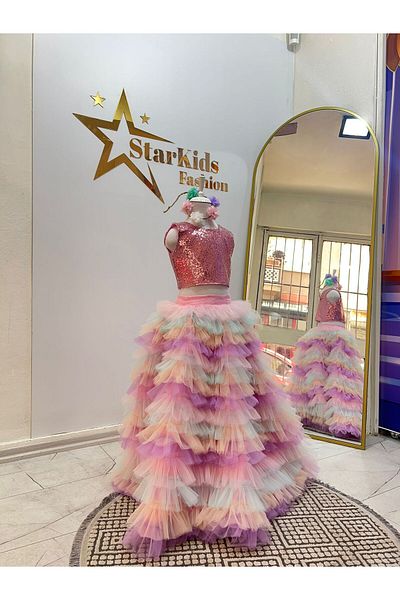 Star Kids Set de fuste crop cu paiete roz pentru fete, rochie de seară pentru fete, ziua de naștere tematică sirenă și unicorn