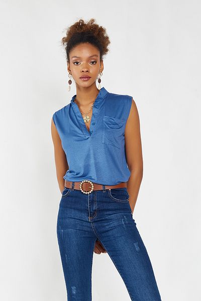 Hopoi Women's Half Patch Button Sleeveless Blouse
