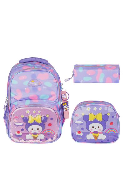 Relaxion Rlx-1370 Kuromi Unicorn Girl's Pencil Holder and Lunch Bag Set of Three Patterned First School Bag S
