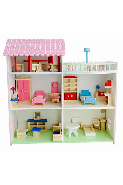 rexa Webby Pretend Play Wooden Doll House with Mini Figures for Girls