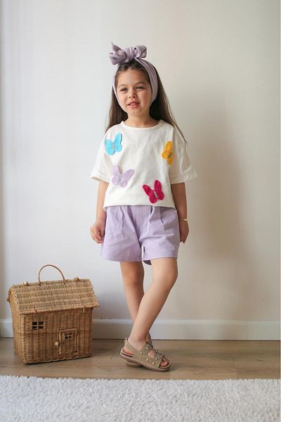jeliboomkidswear Shorts with Pockets, Butterfly Embroidered Summer Bottom Top 2-Piece Girl's Set