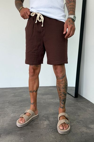 MADZEYMODA Men's Brown Elastic Waist Muslin Fabric Bermuda Shorts Ke-7002