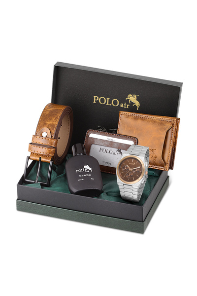 Polo Air Erkek Kol Saati Cüzdan Kemer Kartlık Parfüm Set Kombin Gümüş Taba Re...