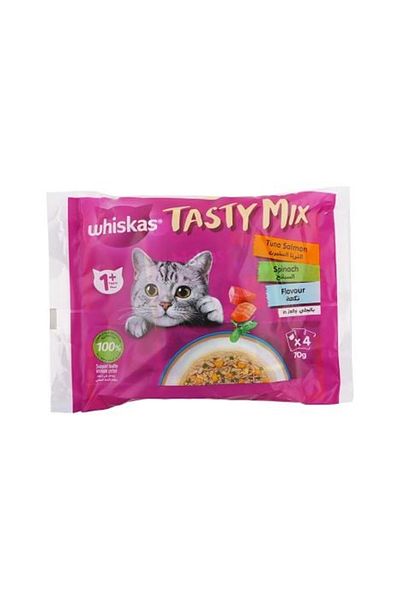 Whiskas Tasty Mix Tuna, Salmon and Spinach in Jelly Wet Cat Food Multipack - 4 x 70 g
