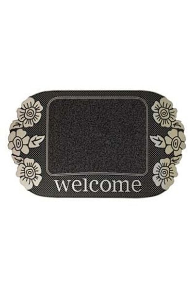 Jumbo Door Mat Grey with Silver Flowers 'Welcome' 75 x 45 cm