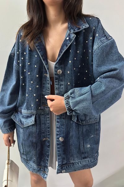 Jacarsman Women's Boyfriend Buttoned Loose Oversize Stone Embroidered Pocket Long Denim Jacket