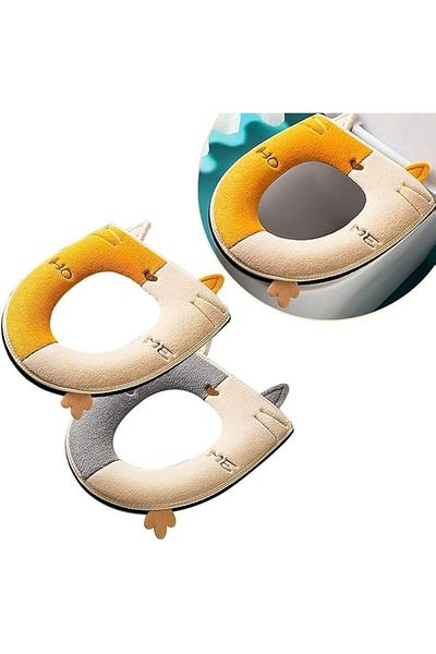 COOYA Bathroom Toilet Seat Cover Cute Cat, 2Pcs Soft Thicker Warmer Washable,with Handle and Zipper