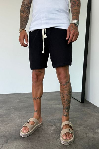 MADZEYMODA Men's Black Elastic Waist Muslin Fabric Bermuda Shorts Ke-7002
