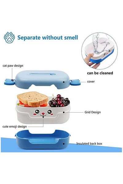 COOYA Blue Lunch Boxes for 3-13 years Kids, 2 Grid Heat Insulation Portable Food Container, Leakproof