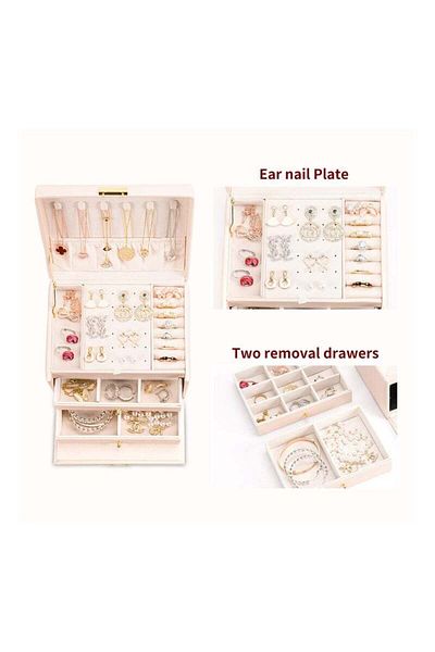 COOYA Jewelry Organizer Box,PU Leather,with Mirror and Lock,Portable Jewelry Case for Watch,Rings,White