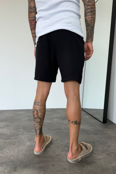 MADZEYMODA Men's Black Elastic Waist Muslin Fabric Bermuda Shorts Ke-7002