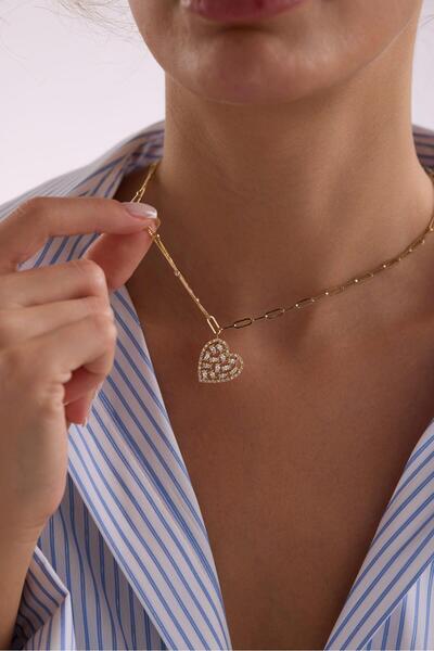 Tufanlar Kuyumculuk 14 Ayar Taşlı Kalp Uçlu Ataç Zincir Ve Dorika Detaylı Altın Kolye