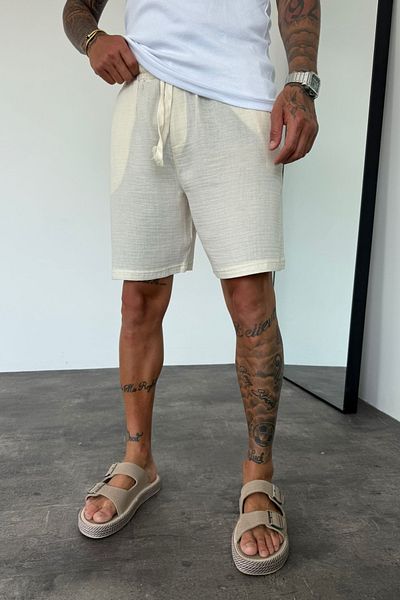 MADZEYMODA Men's Beige Elastic Waist Muslin Fabric Bermuda Shorts Ke-7002