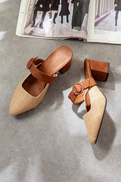 Adım Adım Women's Brown Heeled Straw Slippers