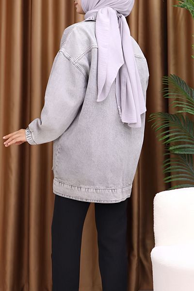 Jacarsman Women's Boyfriend Buttoned Loose Oversize Stone Embroidered Pocket Long Denim Jacket